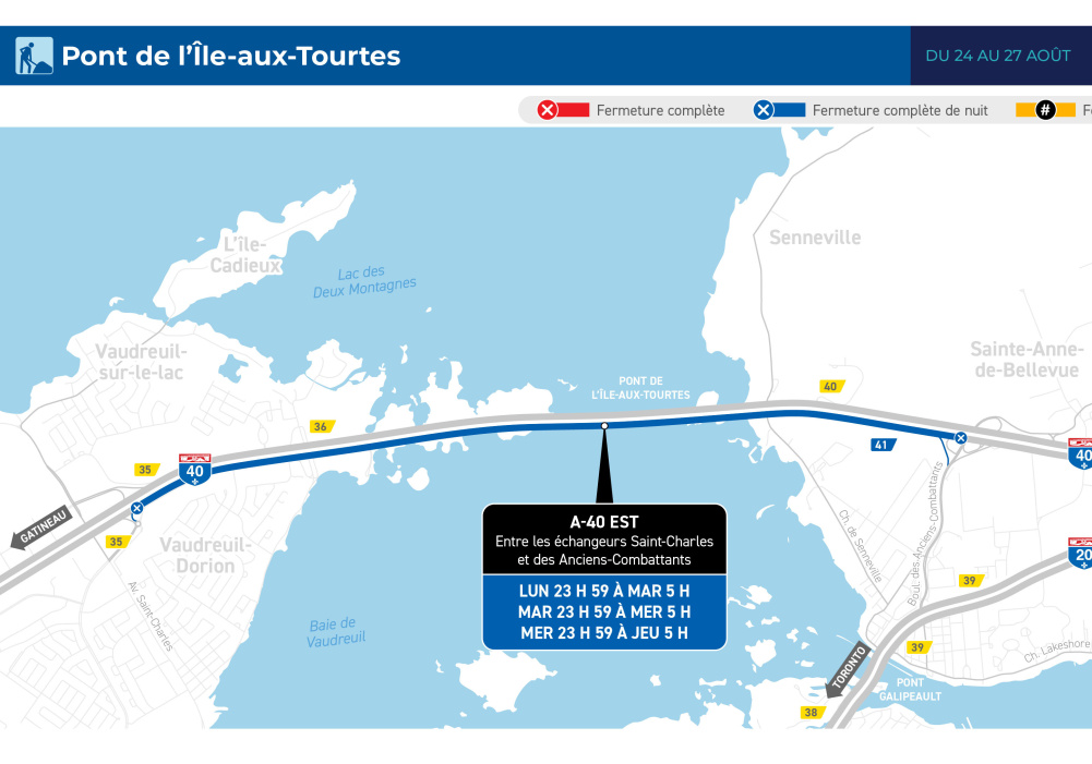 Overnight Closures of Highway 40 and the Pont de l’Île-aux-Tourtes Starting Sunday Evening