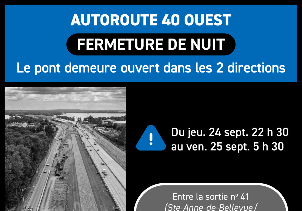 Overnight closure of the A-40 westbound near Senneville, September 24&ndash;25