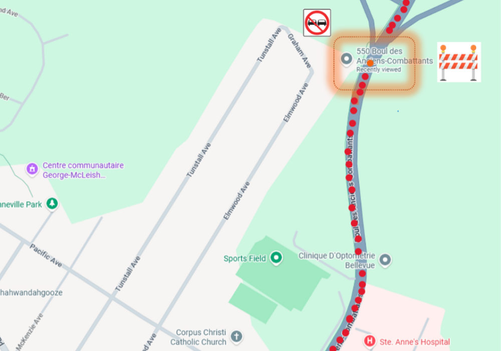Partial traffic closure at 550 Boul des Anciens-Combattants on November 16 