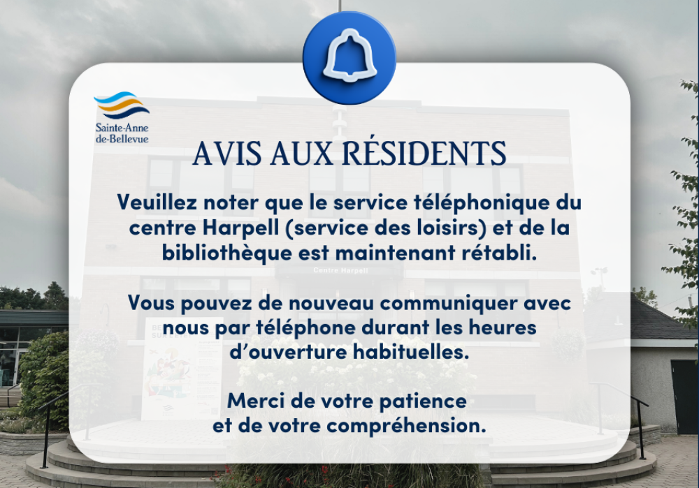 Le service t&eacute;l&eacute;phonique du centre Harpell (service des loisirs) et de la biblioth&egrave;que est maintenant r&eacute;tabli ✅
