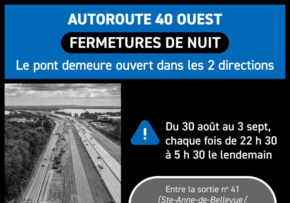 Fermetures de nuit de l&rsquo;A-40 ouest, &agrave; Senneville, du 30 ao&ucirc;t au 3 septembre